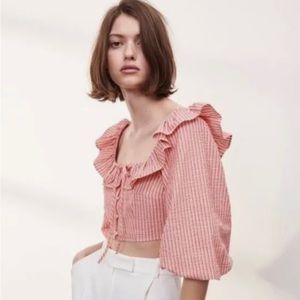 ZARA TOPS | puff sleeve crop top | ZARA | white/red striped | LARGE